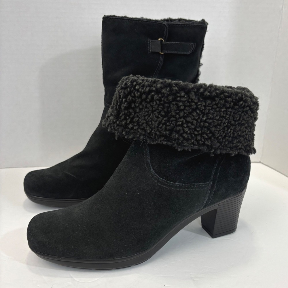 Clarks Bendables Foldable Cuff Winter Booties Shoes Womens 8.5M Black Faux Fur